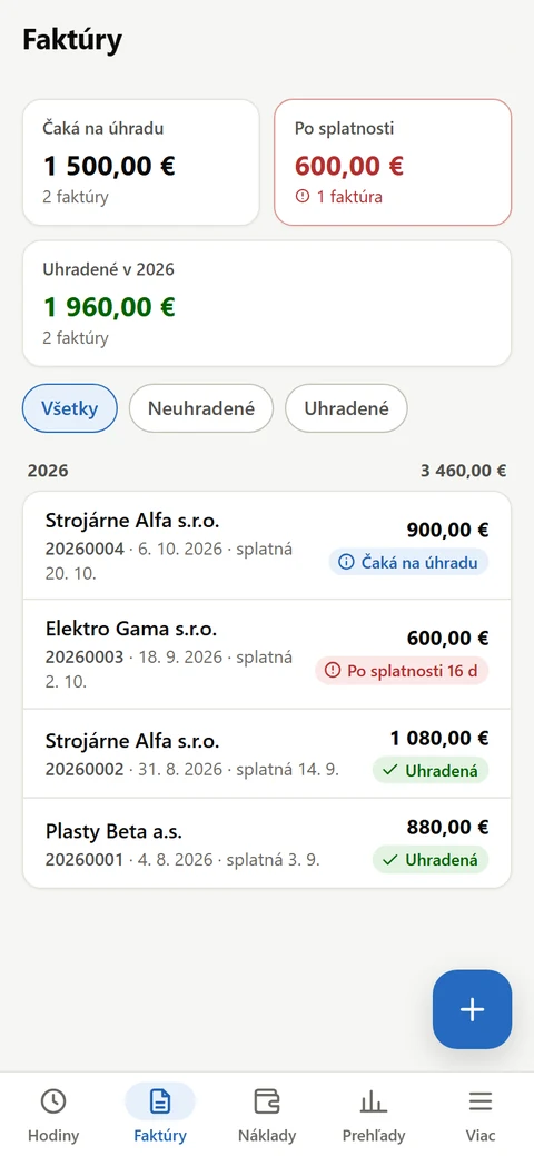 Zoznam faktúr so stavom úhrady v aplikácii Expres fakturácia