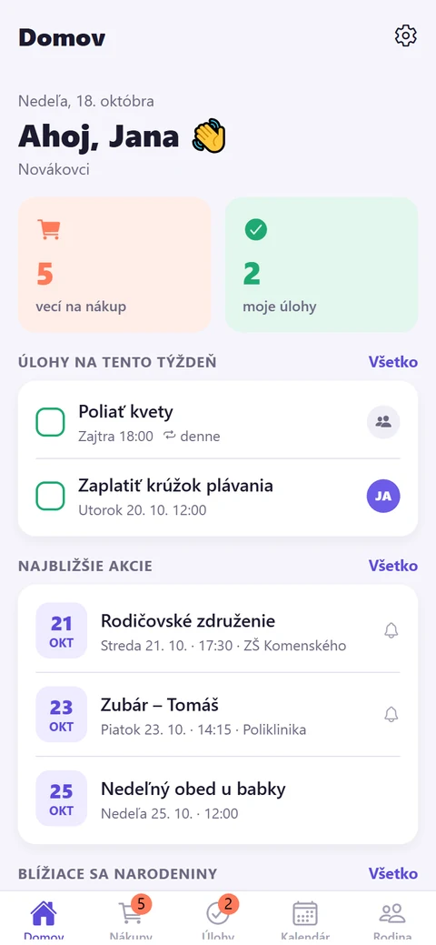 Domovská obrazovka aplikácie Family online